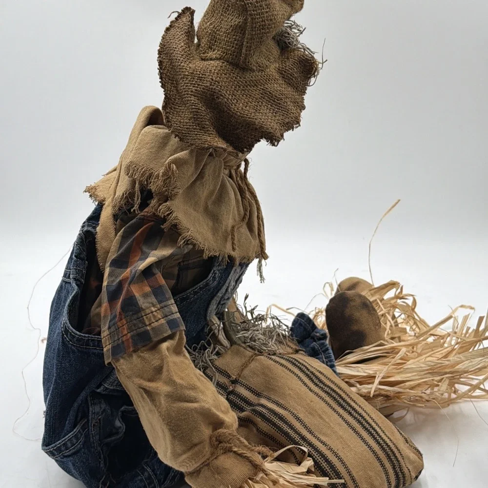 Vintage Primitive Handmade Grungy Scarecrow Doll Folk Art Fall Oshkosh Overalls